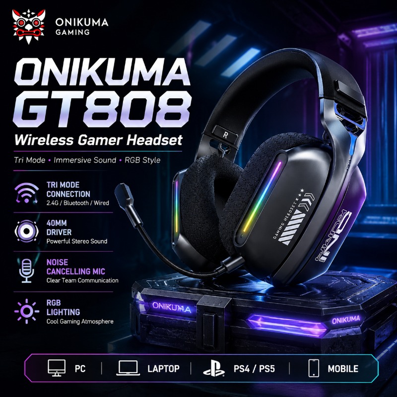 Type C Wired Earphones With Mic - ONIKUMA GT808 Wireless Gaming Headset Tri